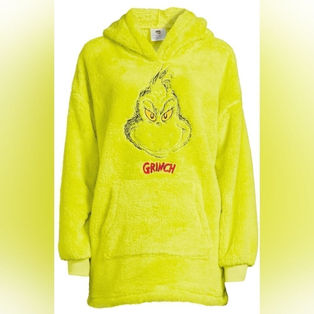 🔸️NWT The Grinch Lime Green Plush Fleece Hooded Sweater Medium